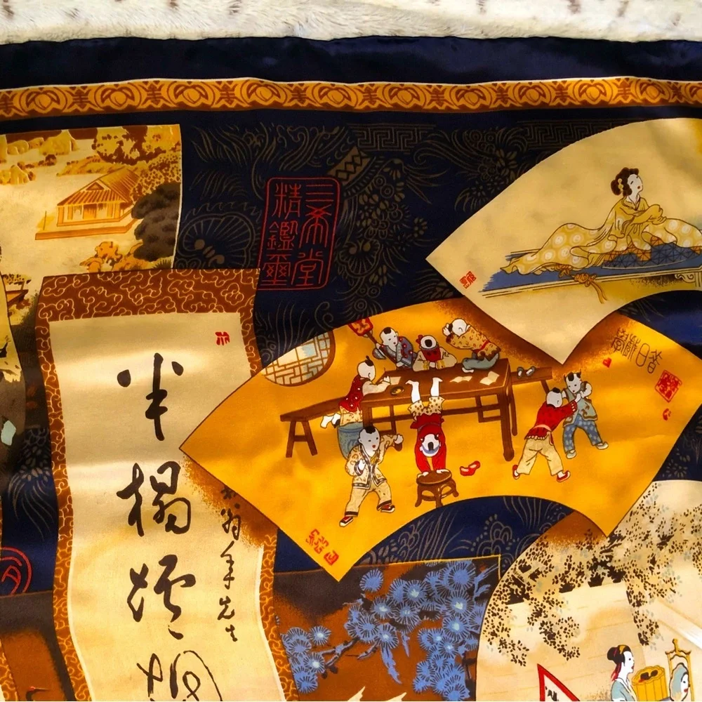 Vintage Chinese Japanese Silk Wrap Scarf Shawl - 40” Gold Blue Red Cream Brown